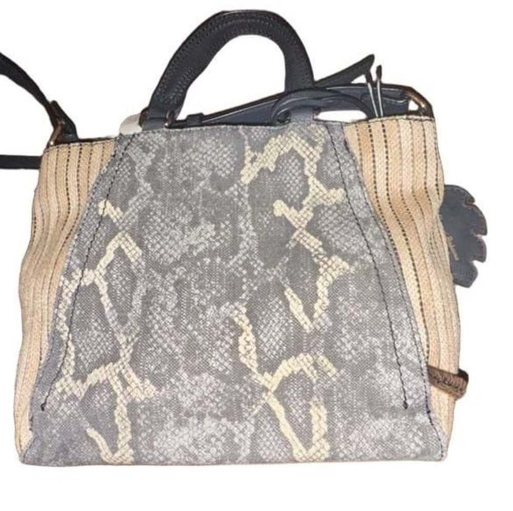 Tommy Bahama Snakeskin Print Straw Canvas Tote Shoulder Bag Gray Tan